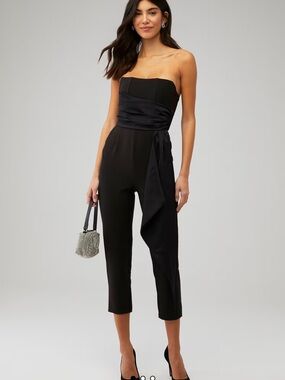 Steve Madden Black Strapless Satin-Waist Jumpsuit
